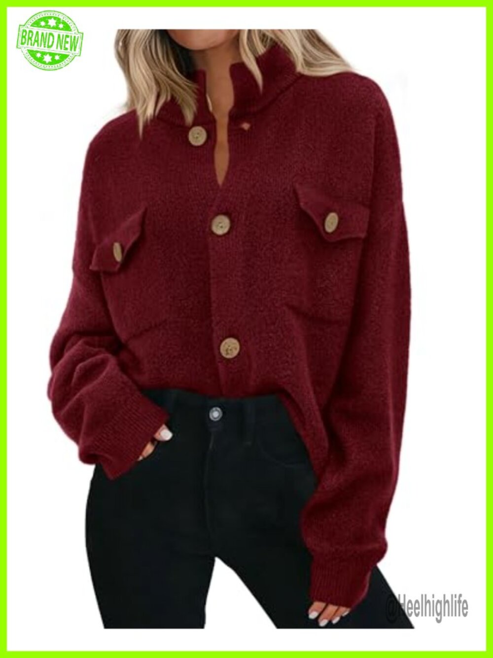 Chunky Knit Button Up Cardigan Mock Neck Long Sleeve Loose Fit Sweater Coat